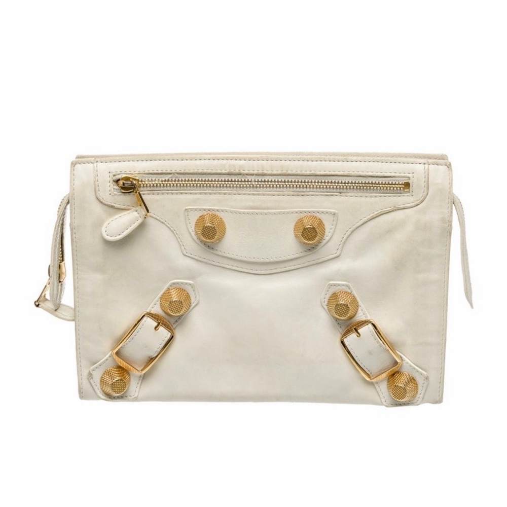 Balenciaga Cream Leather Wristlet Clutch with Gold Hardware